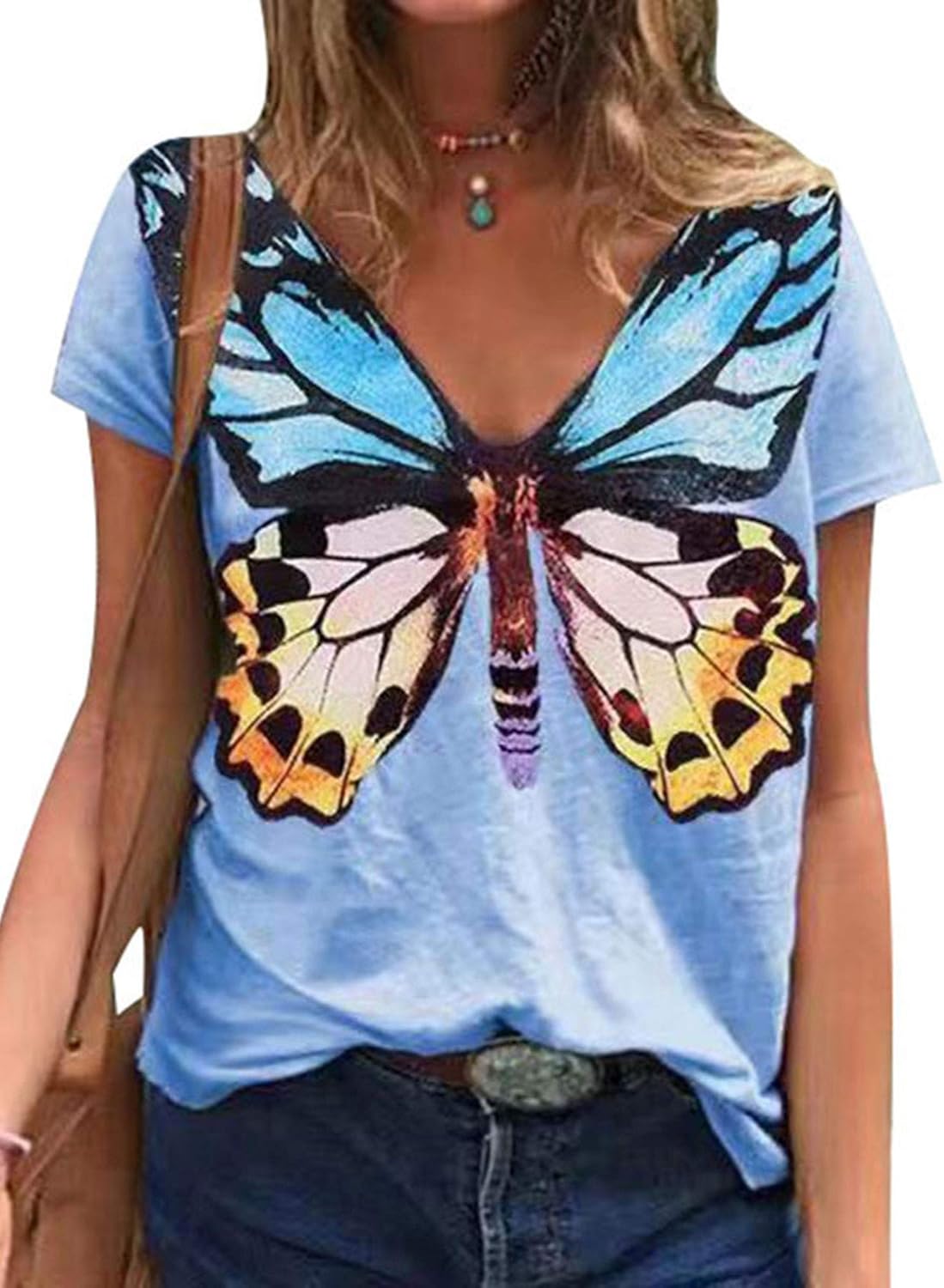 Damen TShirt mit kurzen Ärmeln und Schmetterlingen, bedruckt, lässig