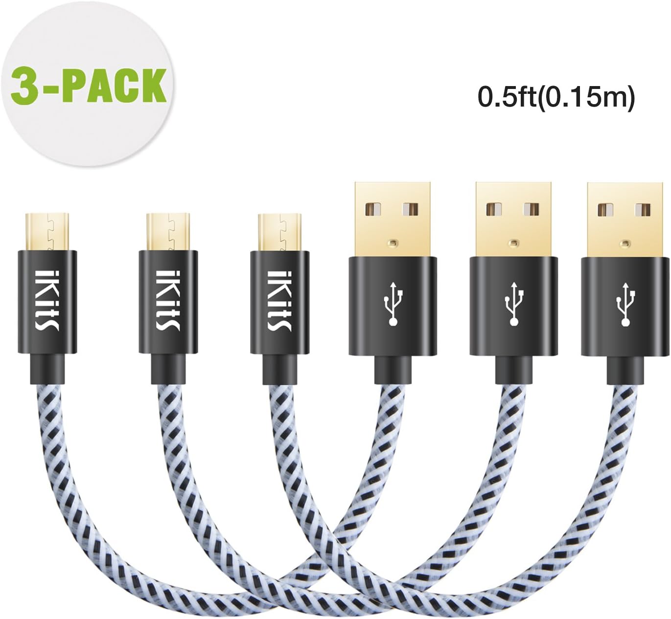 iKits Short Micro USB Cable Nylon Braided High Speed Durable Sync and Charge Cord Compatible with 4K TV Sticks, S7, HTC, LG. Metal Plug & Mixed Color Cotton Jacket, USB 2.0 A Male to Micro B [3-Pack]