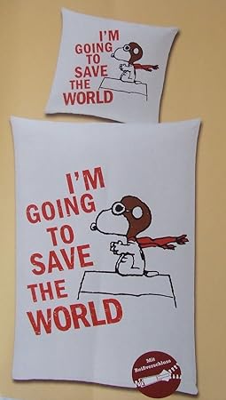 Snoopy Bettwäsche, 1 x Kissenbezug 80 x 80 cm und 1 x Bettbezug 135 x 200 cm, 100 % Baumwolle mit Reißverschluss