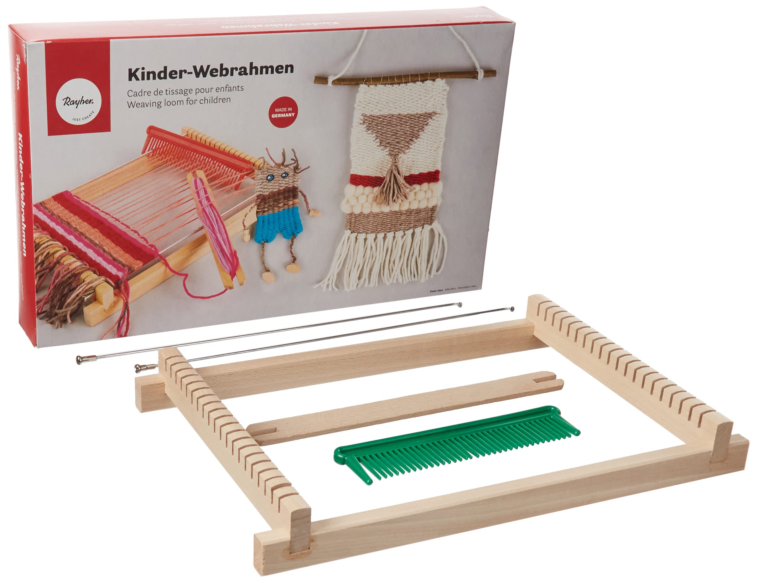 Rayher 7202200 Wooden Weaving Loom with Weaving Shuttle and Comb, Lap Loom Kit Suitable for Children and Beginners, 18.5 x 29 cm