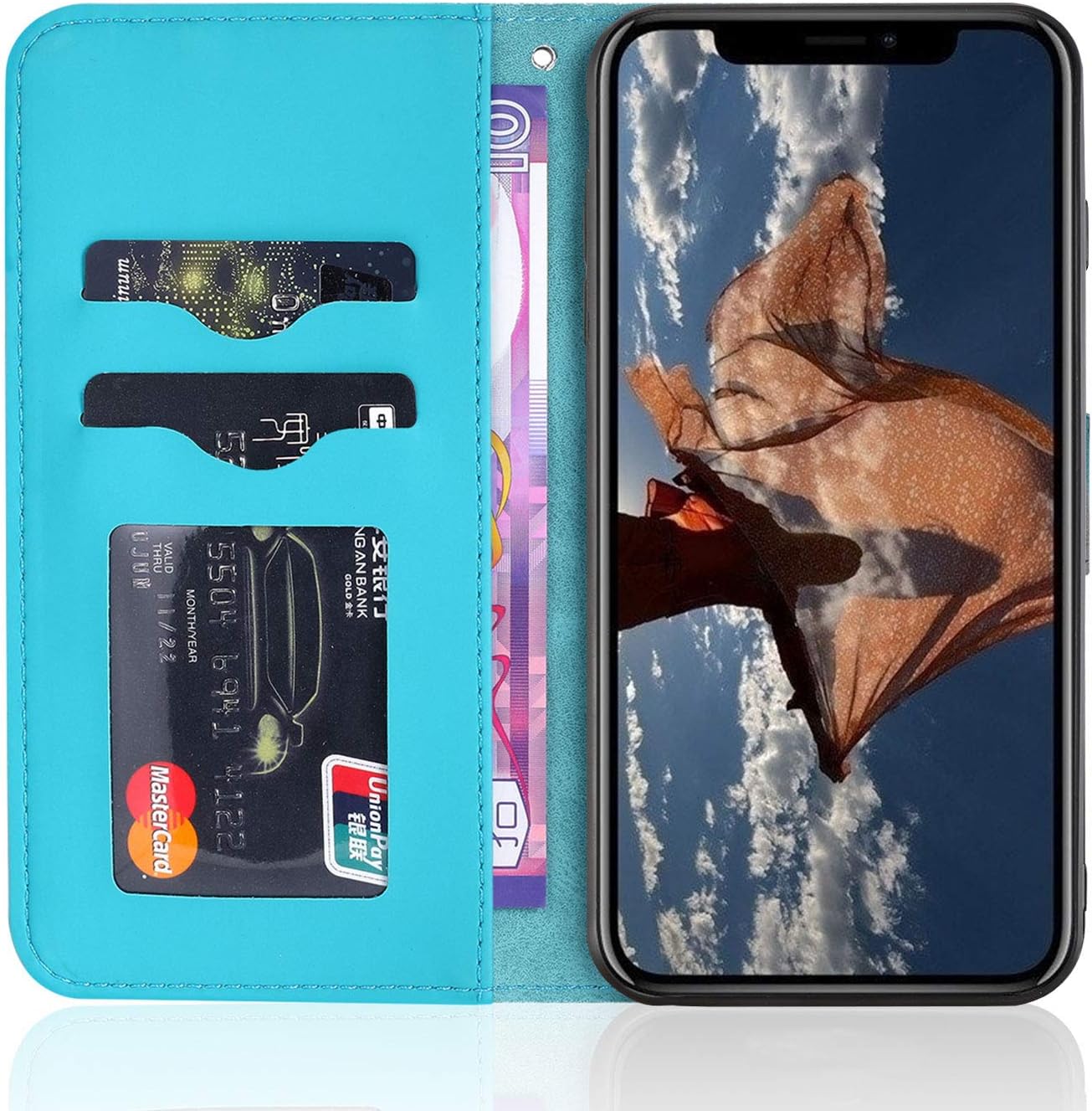 Annuo Wallet Case for Samsung A10/M10(6.2") Leather Case Shockproof Magnetic Kickstand Slim Butterfly Flip Phone Case for Samsung Galaxy A10/M10(6.2") Wallet Case with Card Holder Strap Blue - Image 4