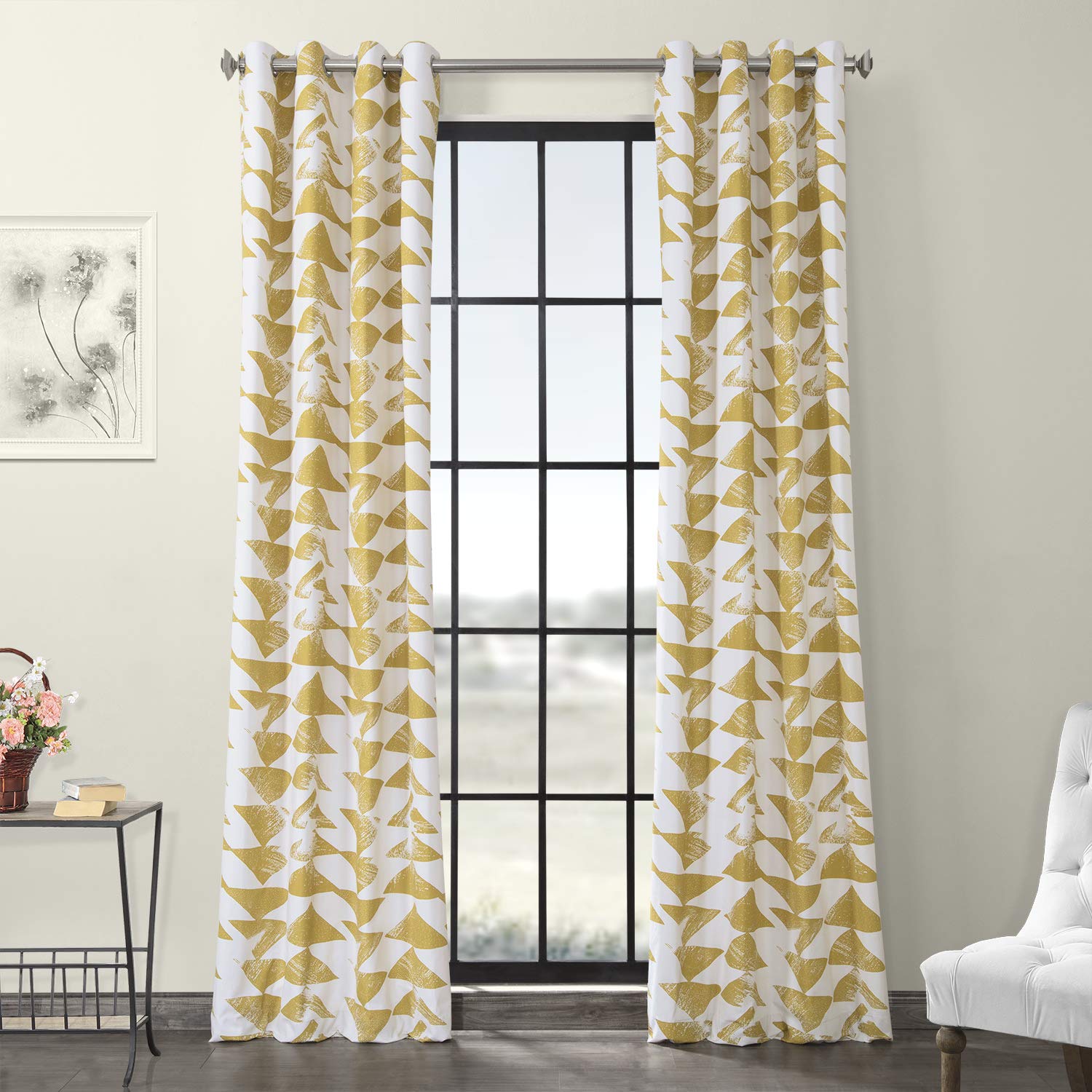 HPD Half Price Drapes Grommet Printed Cotton Twill Curtain (1 Panel), Triad Gold, 50 X 108