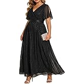 Talisea Plus Size Formal Dress - Chiffon V Neck Bridesmaid Wedding Guest Party Short Sleeve A-Line Floor Length Dresses