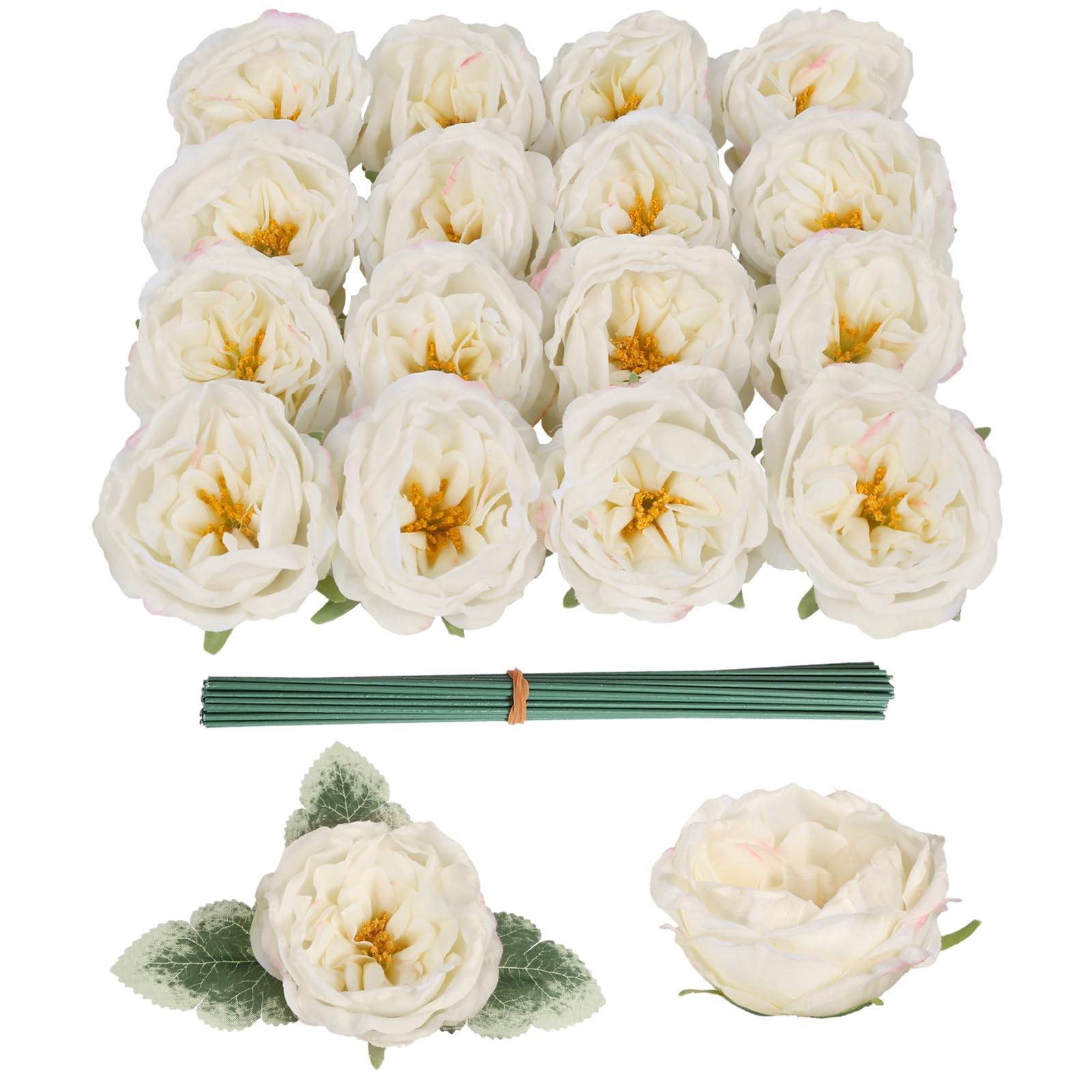 Photo 1 of 16pcs Peonies Artificial Flowers Head Ivory Austin Roses Vintage Burnt Flowers Silk Rose Head with Stems for DIY Flower Wedding Bouquets Centerpieces Home Decoration (Ivory)