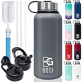 BOGI Insulated Water Bottle 32 oz, Double Wall Vacuum Stainless Steel Water Bottle with Straw and 3 Lids, Sweat-Proof Wide Mouth Steel Water Bottle Keeps Hot or Cold for Sports Gym Office (Grey)