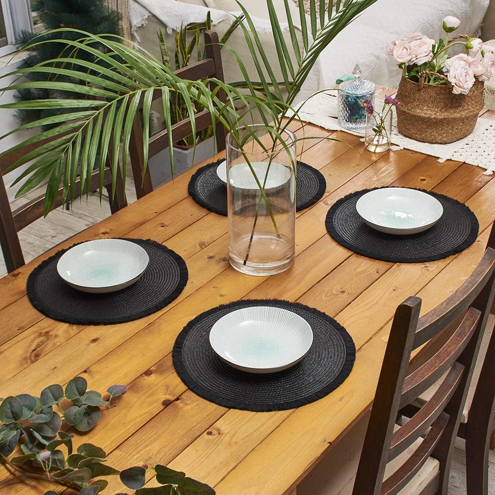 AHHFSMEI Round Braided Placemats 13.8 Inch Round Table Mats for Dining Tables Woven Heat Resistant Place mats Set of 6 (Black Tassels): Home & Kitchen
