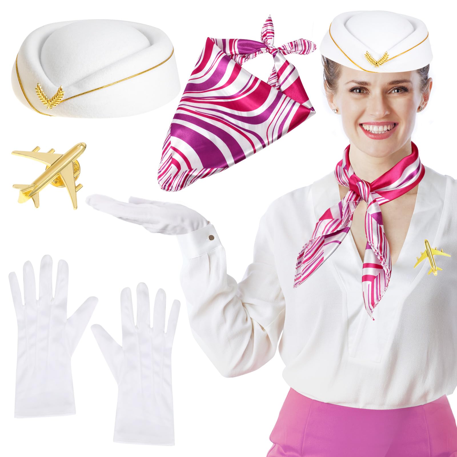 XEPST 4PCS Flight Attendant Costume for Women - Stewardess Costume Accessories Set with Flight Attendant Hat Scarf Gloves Brooch for Women Halloween Costumes Cosplay Carnival Fancy Dress Up, White — image 1