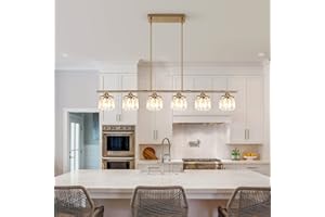 Ganeed Island Light for Kitchen,6 Lights Dining Room Light Fixture,Brass Adjustable Modern Chandelier Linear Ceiling Pendant Lights Over Table with Crystal Shade(48" Length)