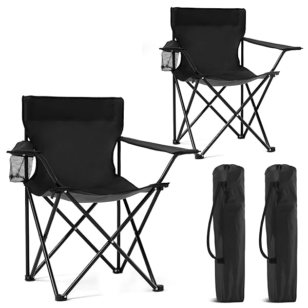 CANPSKY 2 PACK PORTABLE CAMPING CHAIRS FOLDING LAWN CHAIR OUTDOOR LIGHTWEIGHT BEACH CHAIR WITH CUP HOLDER & CARRY BAG FOR OUTSIDE SPORTS, FISHING, HIKING, TRAVEL, PICNIC, BACKYARD (BLACK-DARK)