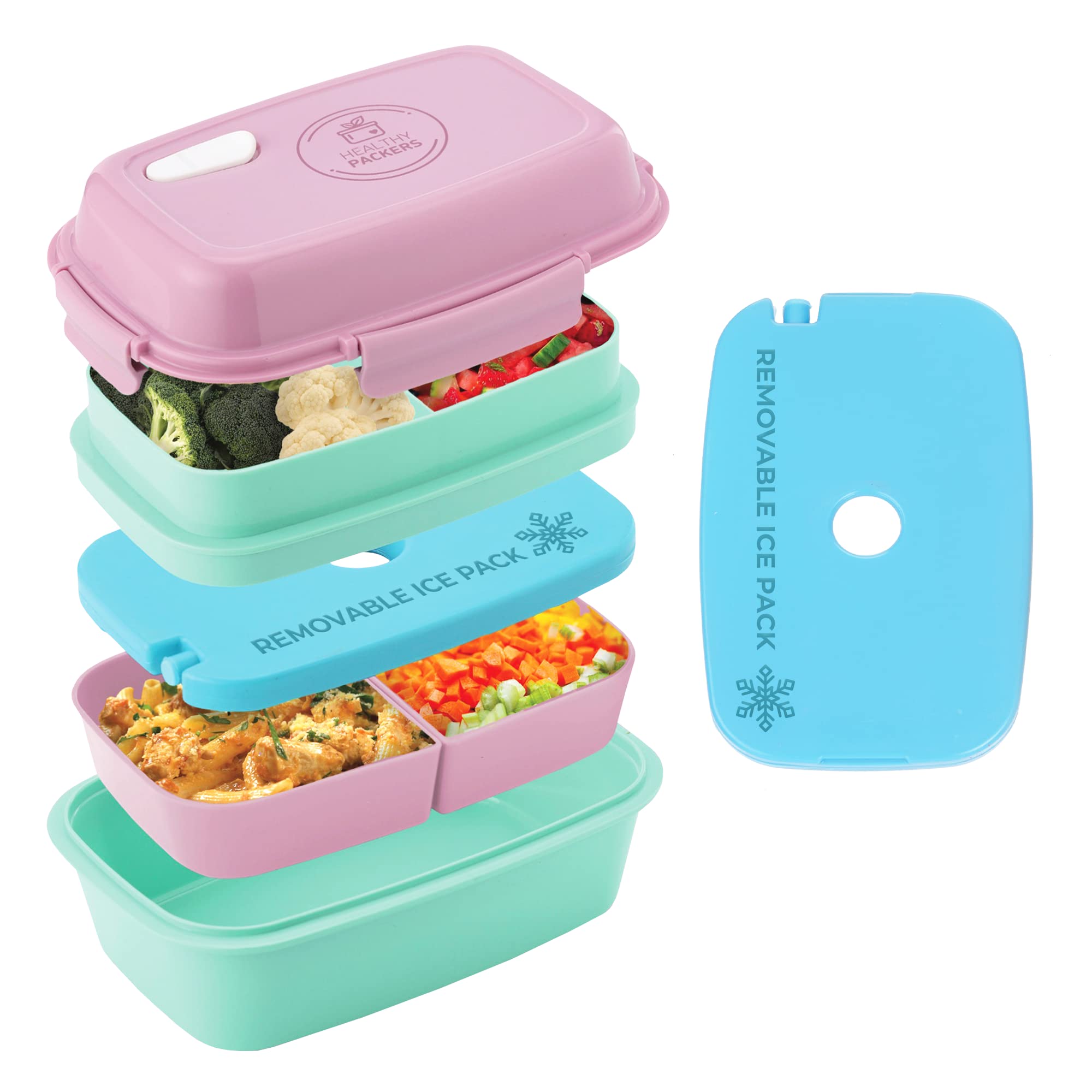 Bento Box for Kids and Adults - Perfect Lunch Box with Compartments for Packed Lunch - Plastic Leakproof Lunch Boxes for Pack Lunch with Built-in Removable Ice Pack- Microwave and Dishwasher Safe