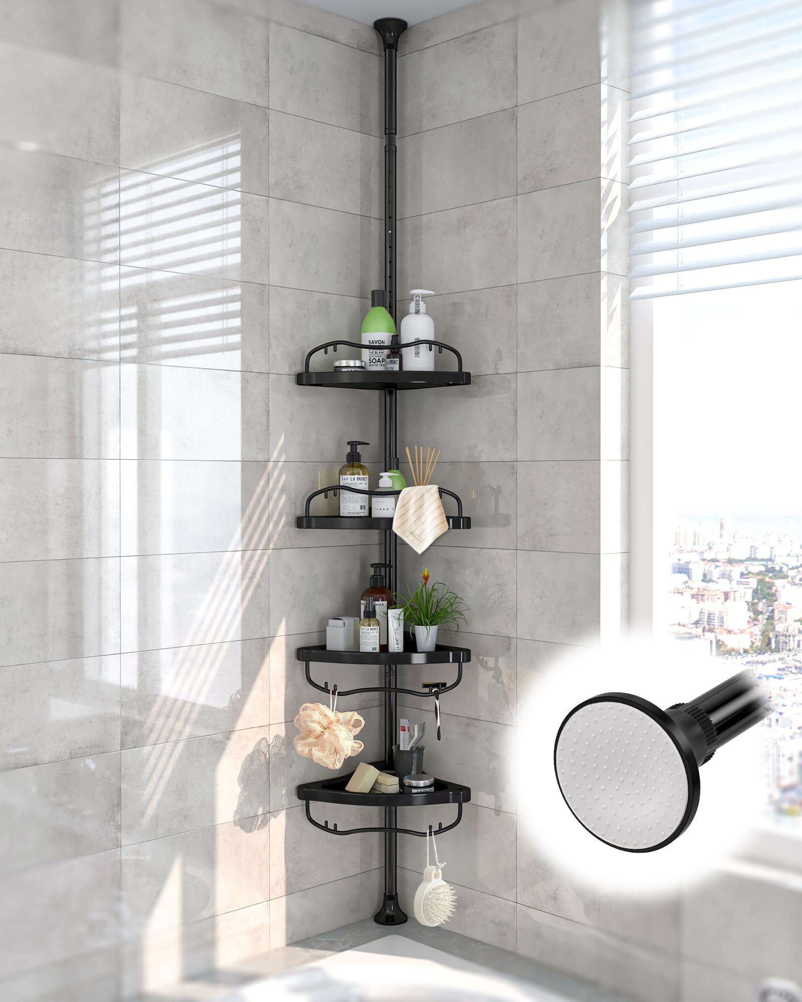 Photo 1 of Corner Shower Caddy Tension Pole - 125 Inch Tall Adjustable Inside Shower Organizer 4-Tier Rustproof Bathroom Organizer Shelves for Bathtub Shampoo Conditioner Storage, Floor to Ceiling Standing Caddy