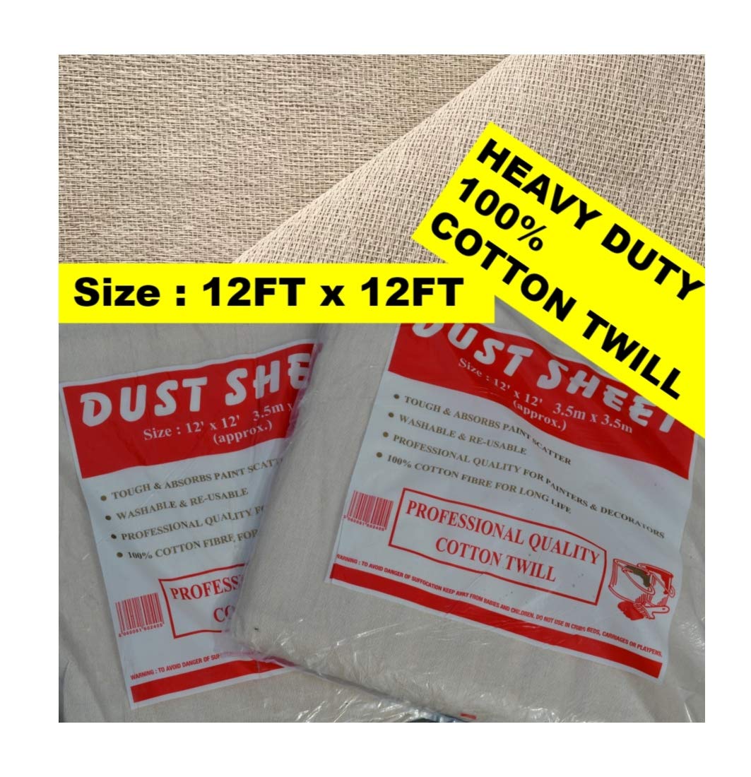 2 x 100% Cotton Twill Dust Sheet for Painters and Decorators. Size : 12FT x 12FT ***Extra Large*** Pack of 2*** (2xCT1212)
