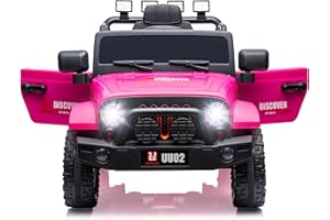 u URideon 12V Ride On Truck, Kids Electric Car Toys with Parent Remote Control, Battery Powered, LED Lights, MP3 Player (Pink)