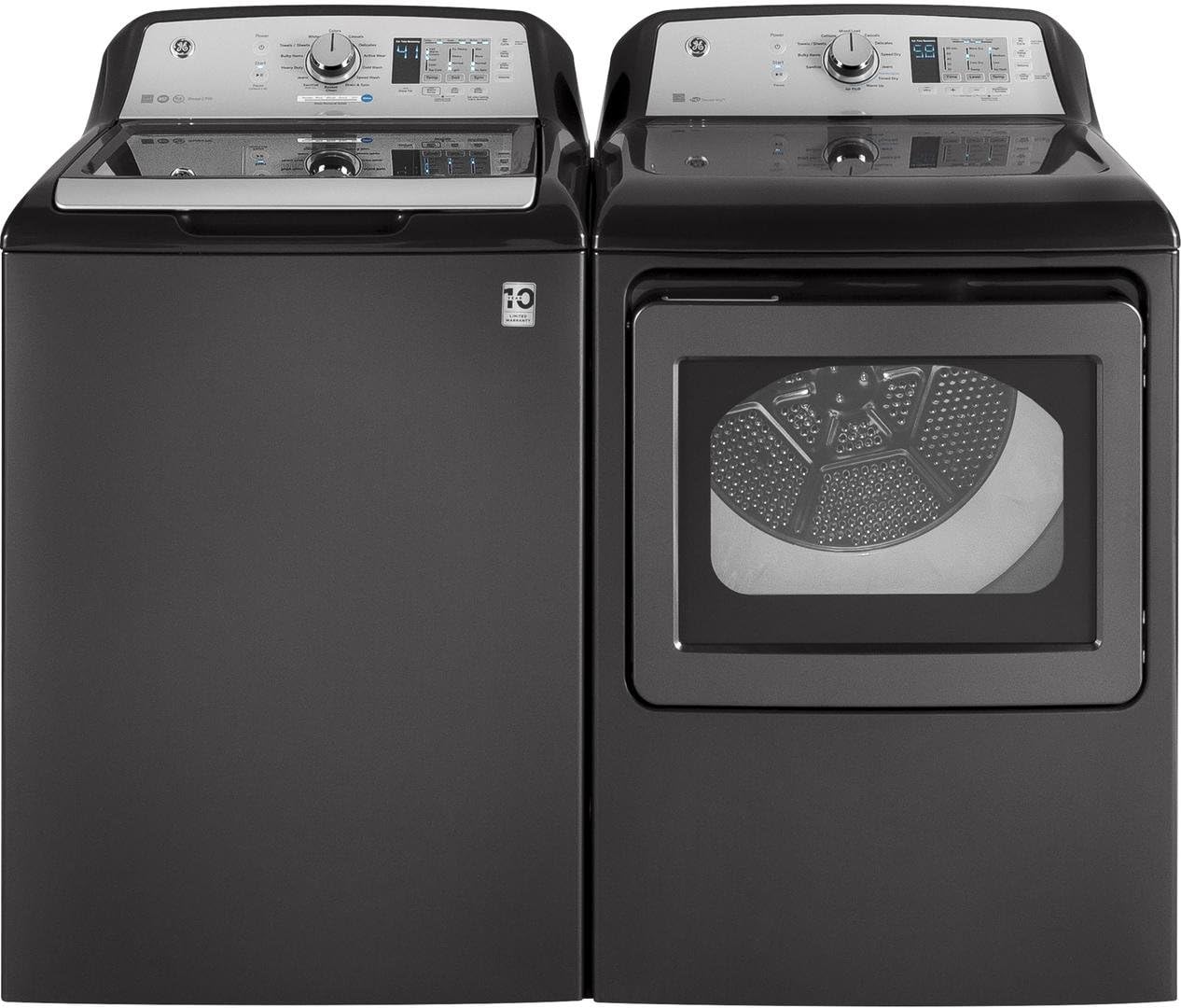 GE Grey Top Load Laundry Pair with GTW685BPLDG 27" Washer and GTD65GBPLDG27" Gas Dryer