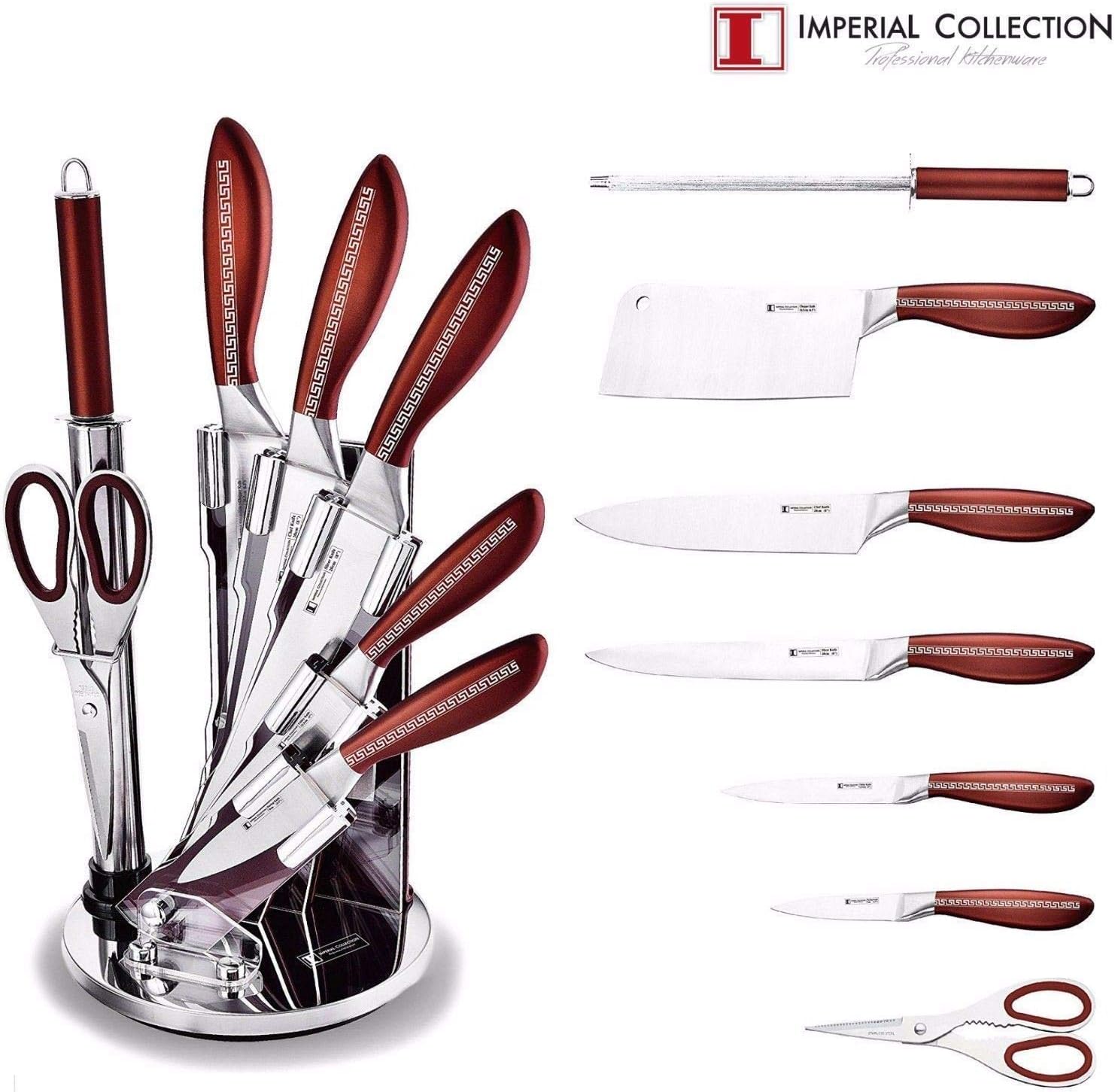 Stainless Steel Kitchen Knife Set w Acrylic Stand Red Kitchen & Dining