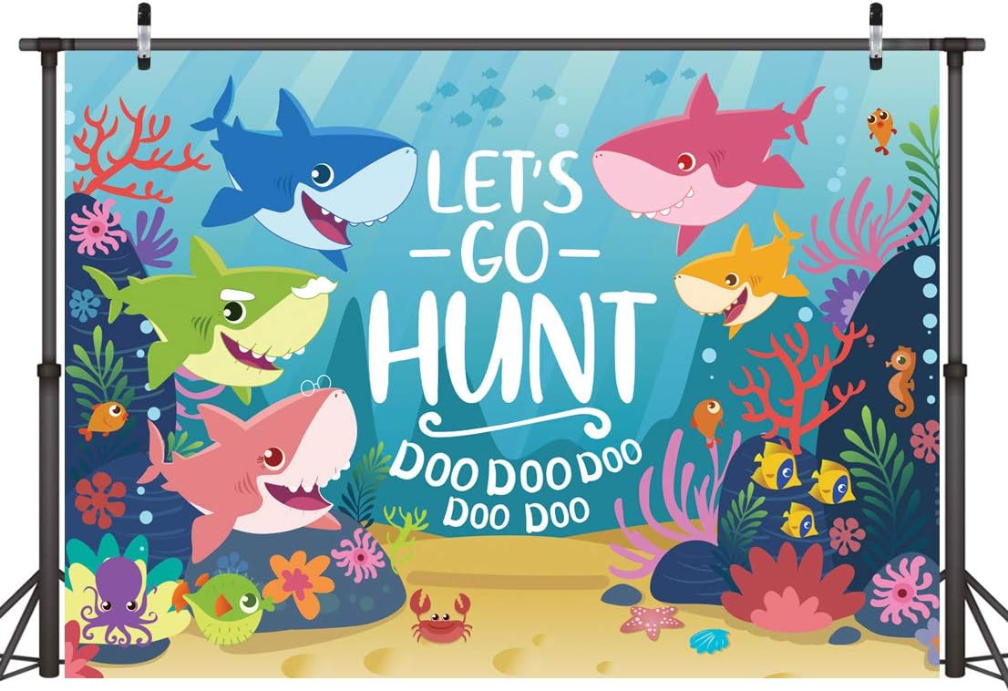 LYWYGG 7x5FT Baby Shark Vinyl Backdrop Blue Ocean Shark Birthday Party