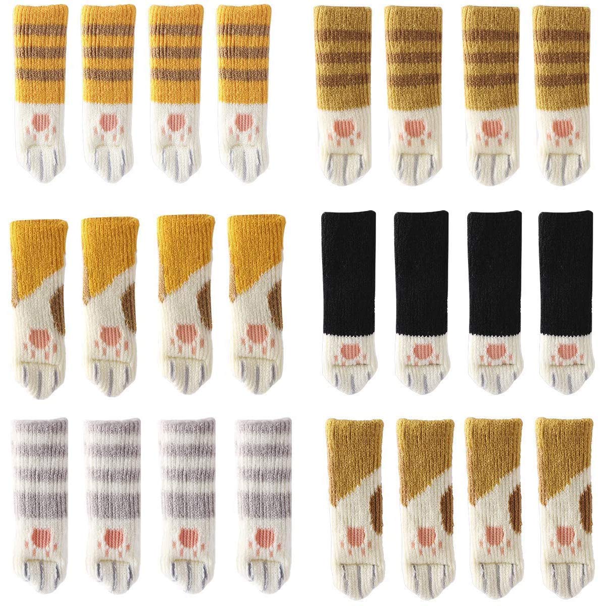 POFET 24pcs Chair Socks (6 Sets), Cute Cat Paw Furniture Leg Covers Caps Pads, Reduce Noise Chair Socks Floor Protector