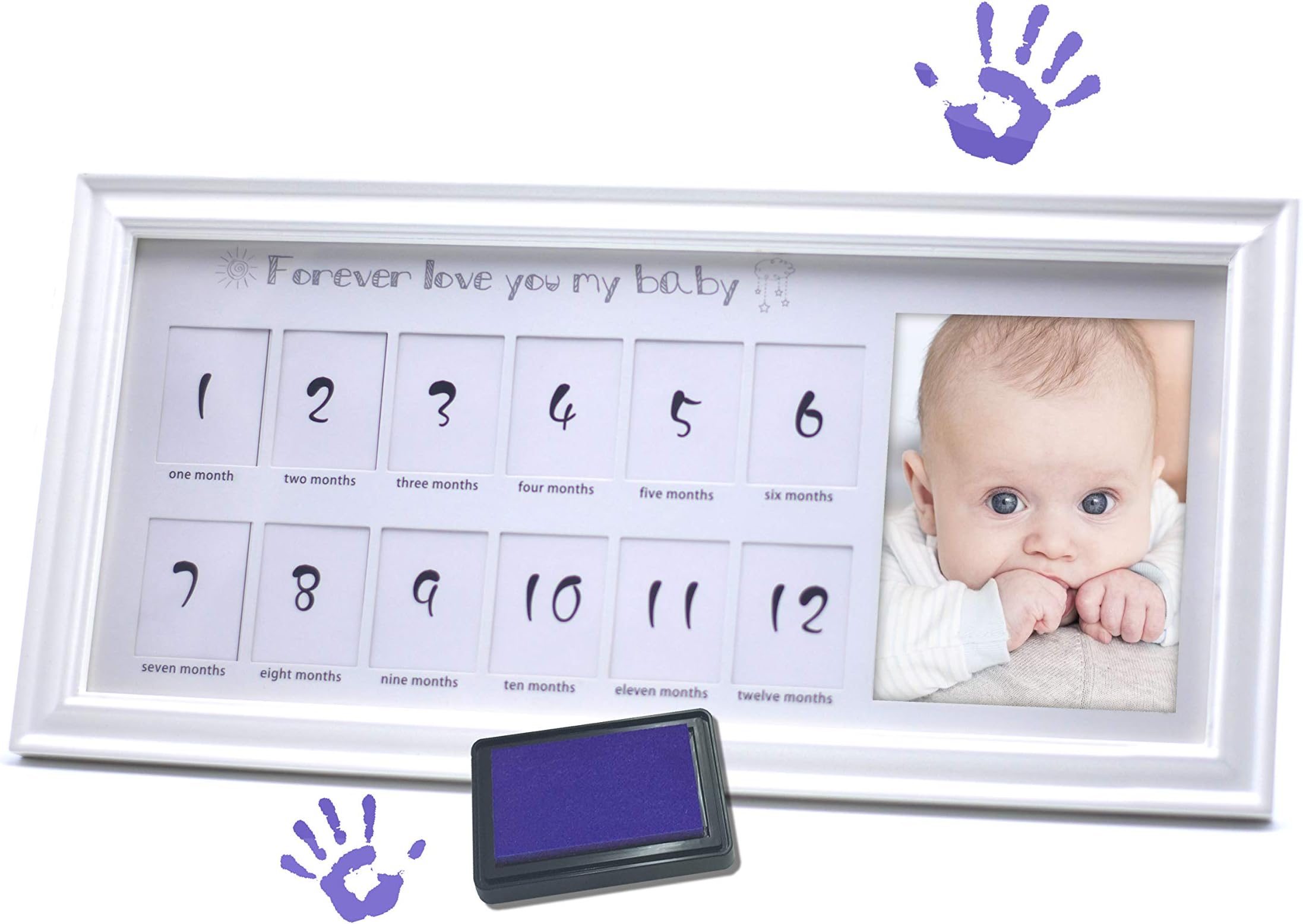 Photo Frame First Year Baby Handprint and Footprint kit for Newborn Girls and Boys in an Elegant White Natural Wood - Ideal Baby Shower Gift Mother's Day Gift with Unique Gift Box.