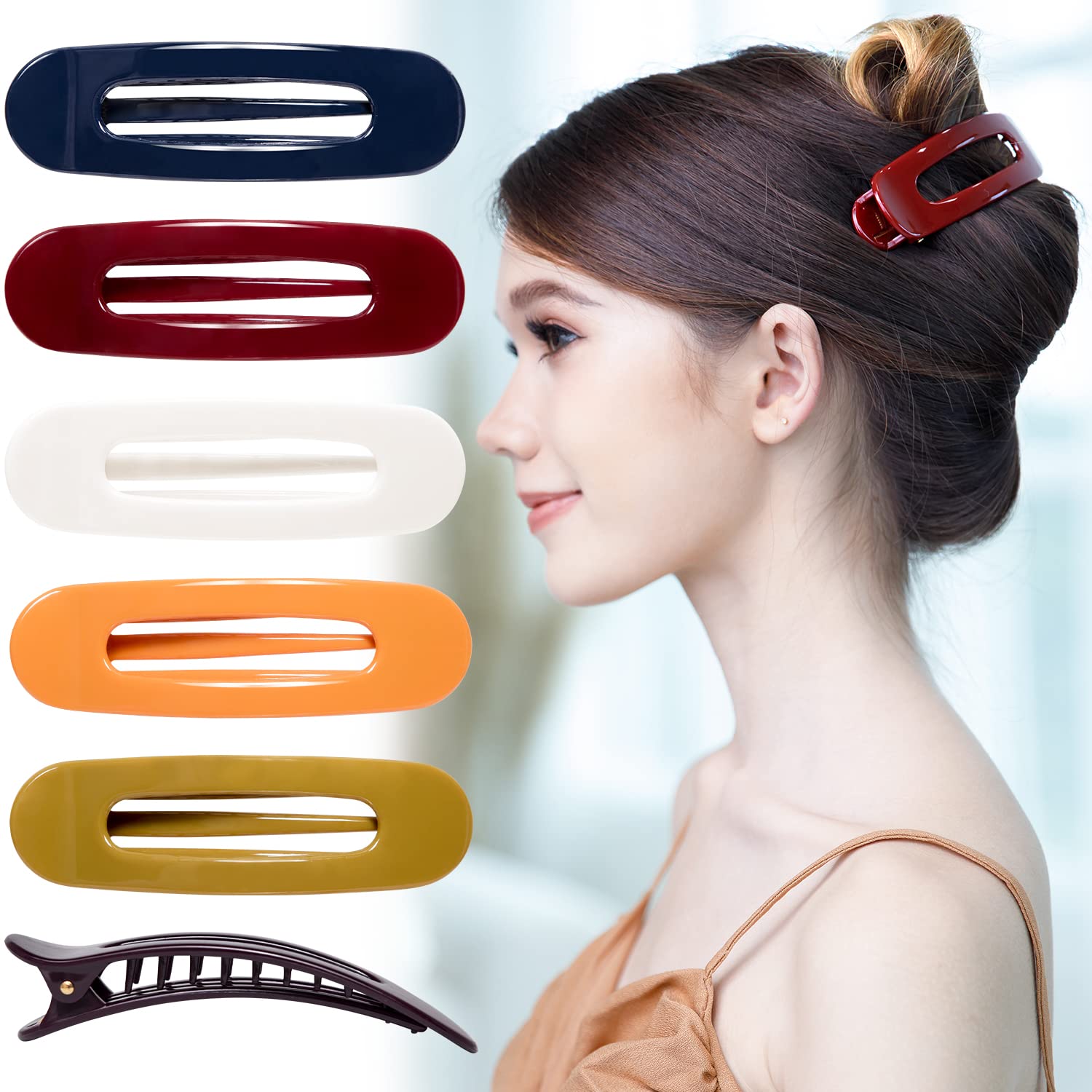 RC ROCHE 6 Pcs Flat Claw Hair Clips for Women Lay Down Barrettes No Crease Side Slide Thick Long Hair Duckbill French Against Head Jaw Claw Styling Jumbo Extra XL Clamp, Large Classic