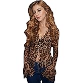 Women's Sheer Mesh Leopard Print Crop Top T Shirt Sexy Lace Deep V Neck Blouse Long Flare Sleeve Slim Tee Shirt