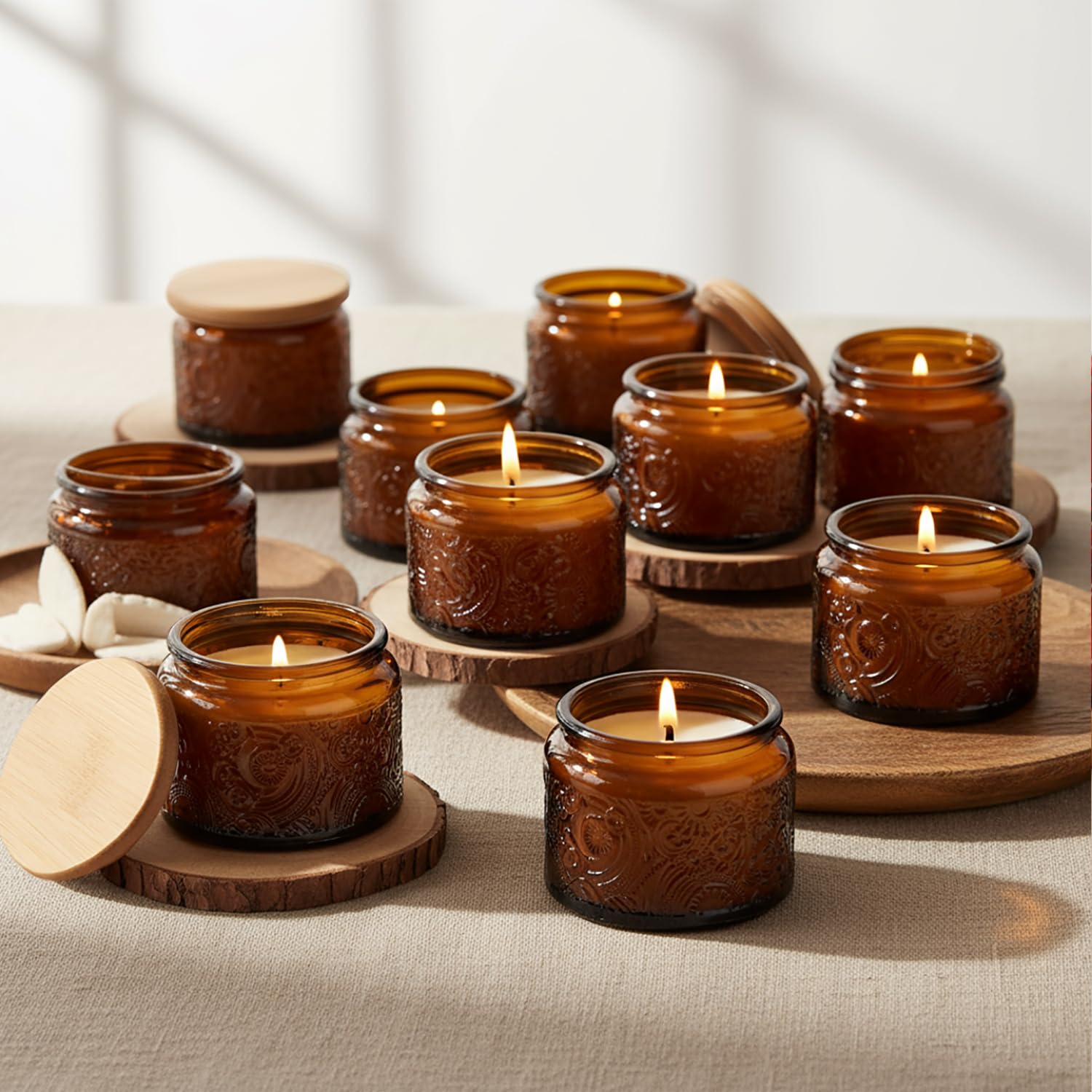 Photo 1 of 18-Pack 4oz Embossed Glass Candle Container with Bamboo Lids and Labels, Amber Candle Jars for Making Candles, Sun Moon Star Design