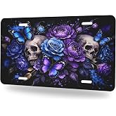Skull Rose Front License Plate Purple Butterfly Dark Floral Car Decorative License Plates Aluminum Metal Accessory Novelty Vanity Tag Cover with 4 Holes for Men Women 6