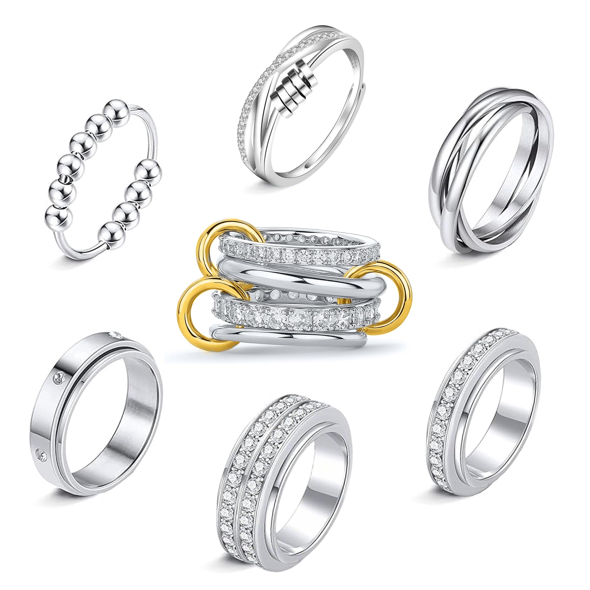 LOFITOR Fidget Rings for Anxiety 7pcs Stainless Steel Spinner Ring Anti Anxiety Ring Spinning Interlocking Cool Stress Relieveing CZ Fold Rings for Women Men Band Rings Set CZ Silver
