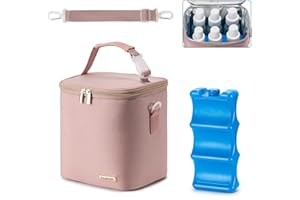 BABEYER Breast Milk Cooler Bag with Ice Pack Fits 6 Baby Bottles Up to 9 Ounce, Baby Bottle Bag with Shoulder Strap for Nursing Mom Daycare, Pink