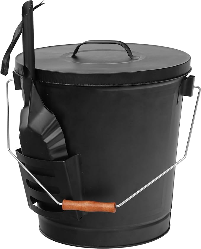 F2C 5.15 Gallon Ash Bucket with Lid and Shovel Galvanized Iron Ash Pail for