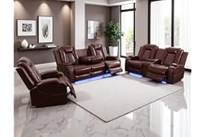 Anthato Leather Power Recliner Set with LED Light, 3-Piece Recliner Sofa Loveseat Chair with Coffee Table/Storage/Charging, Modern Reclining Furniture for Living Room/Home Theater/Office, Burgundy Red