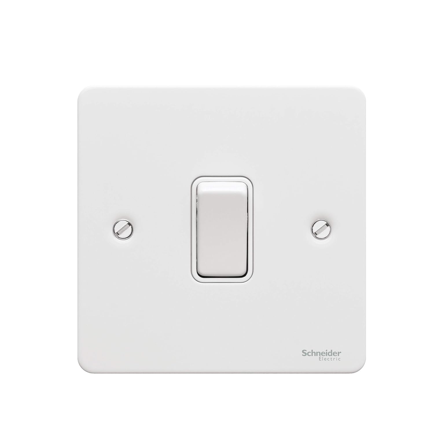 Schneider Electric Ultimate Flat Plate - Single Rocker Light Switch, Intermediate, 16AX, GU1214WPW, Painted White with White Insert