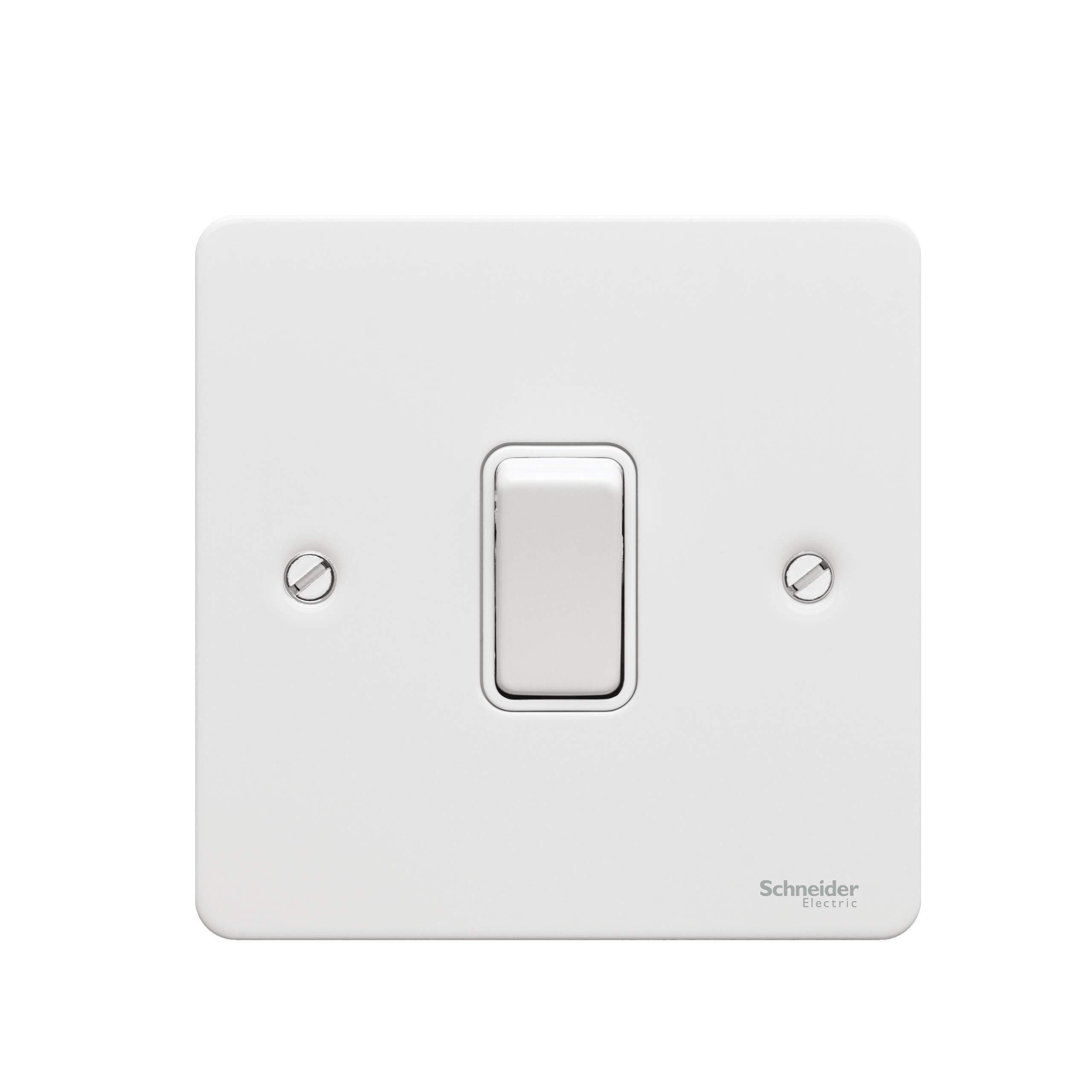 Schneider Electric Ultimate Flat Plate - Single Rocker Light Switch, Intermediate, 16AX, GU1214WPW, Painted White with White Insert