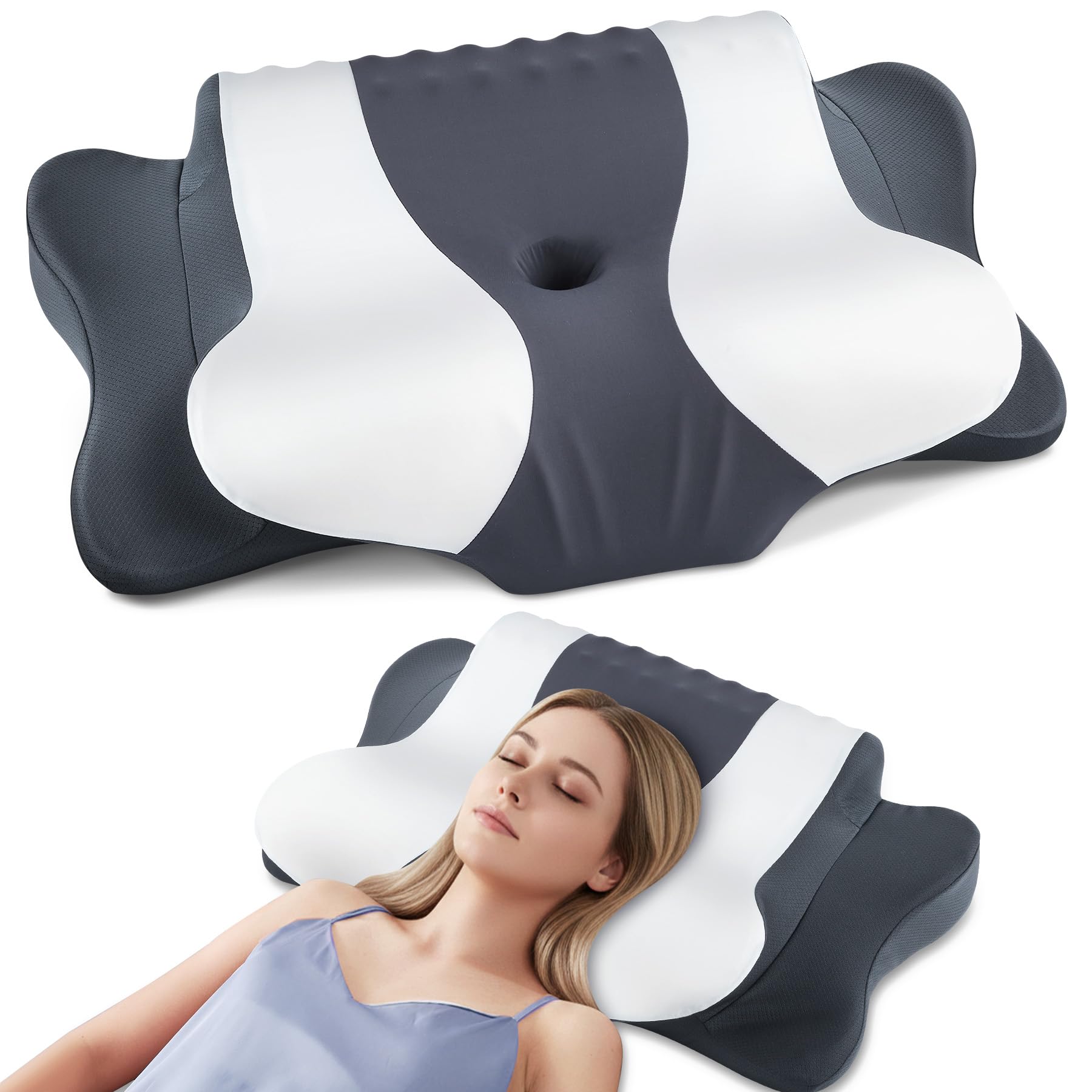 DONAMA Cervical Neck Pillow for Pain Relief, Cervical Pillow with Memory Foam Ergonomic Pillows with Dual Heights for Back, Stomach and Side Sleepers Kids' Floor Pillows Cushions (Light Grey, 26×15")