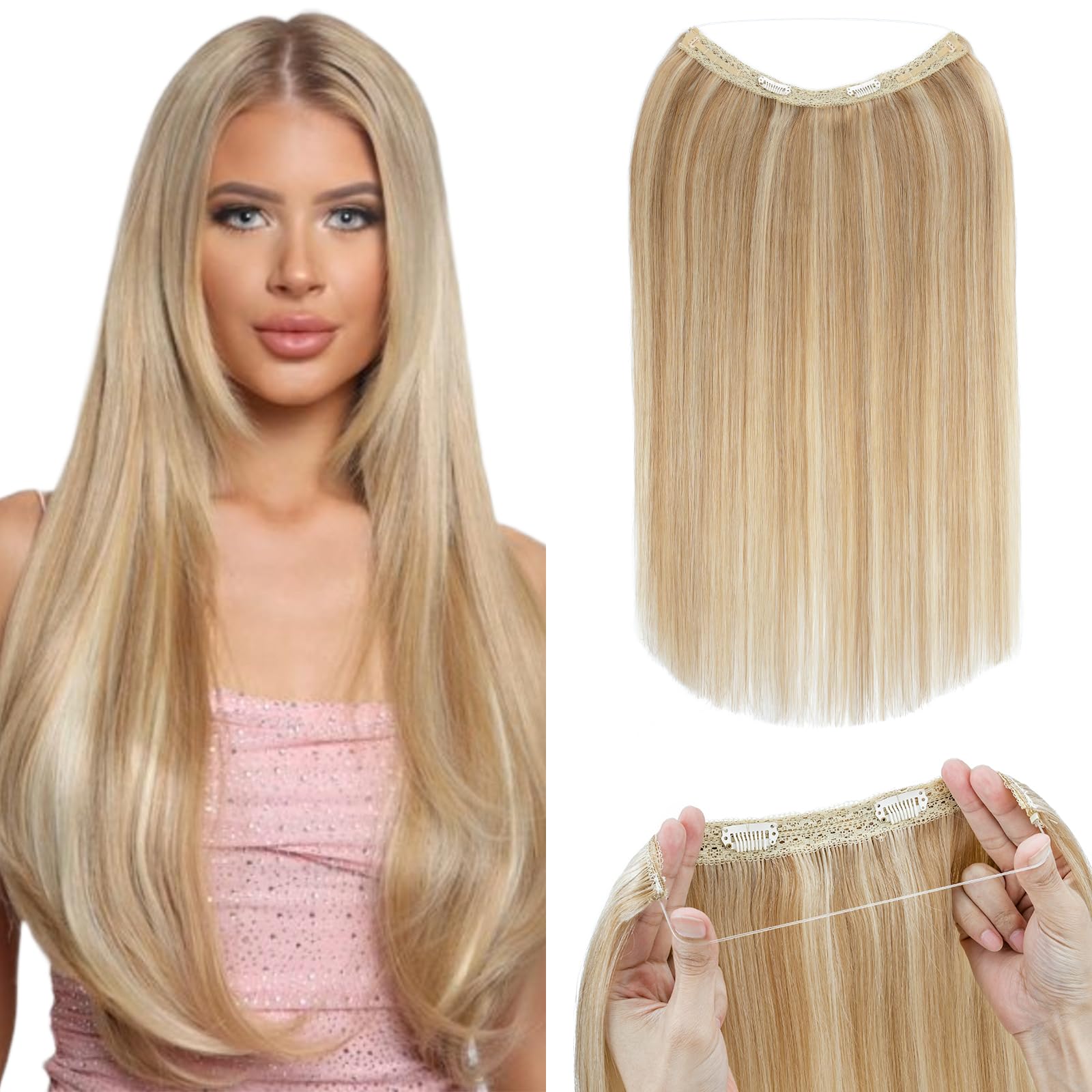 Silk-co 18inch Silk-co Secret Wire In Hair Extensions No Clip Invisible Remy Human Hair One Piece Natural Invisible Secret Wire Hairpiece Extensions #12P613 Golden Brown&Bleach Blonde
