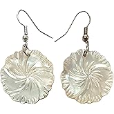 Swimmi Natural Mother of Pearl Earrings, Hand Carved Flower Mother of Pearl Shell Earrings for Women, Dangle Drop Handmade Seashell Earrings Fashion Jewelry AA205