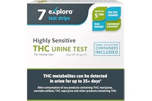 Exploro Highly Sensitive at Home Marijuana Drug Test Kit, THC Drug Test Kit Marijuana/Weed, THC Drug Test Urine, Easy Home Drug Test Marijuana/THC Substance Abuse, 7 THC Test Strips/Sticks, 50 ng/ml