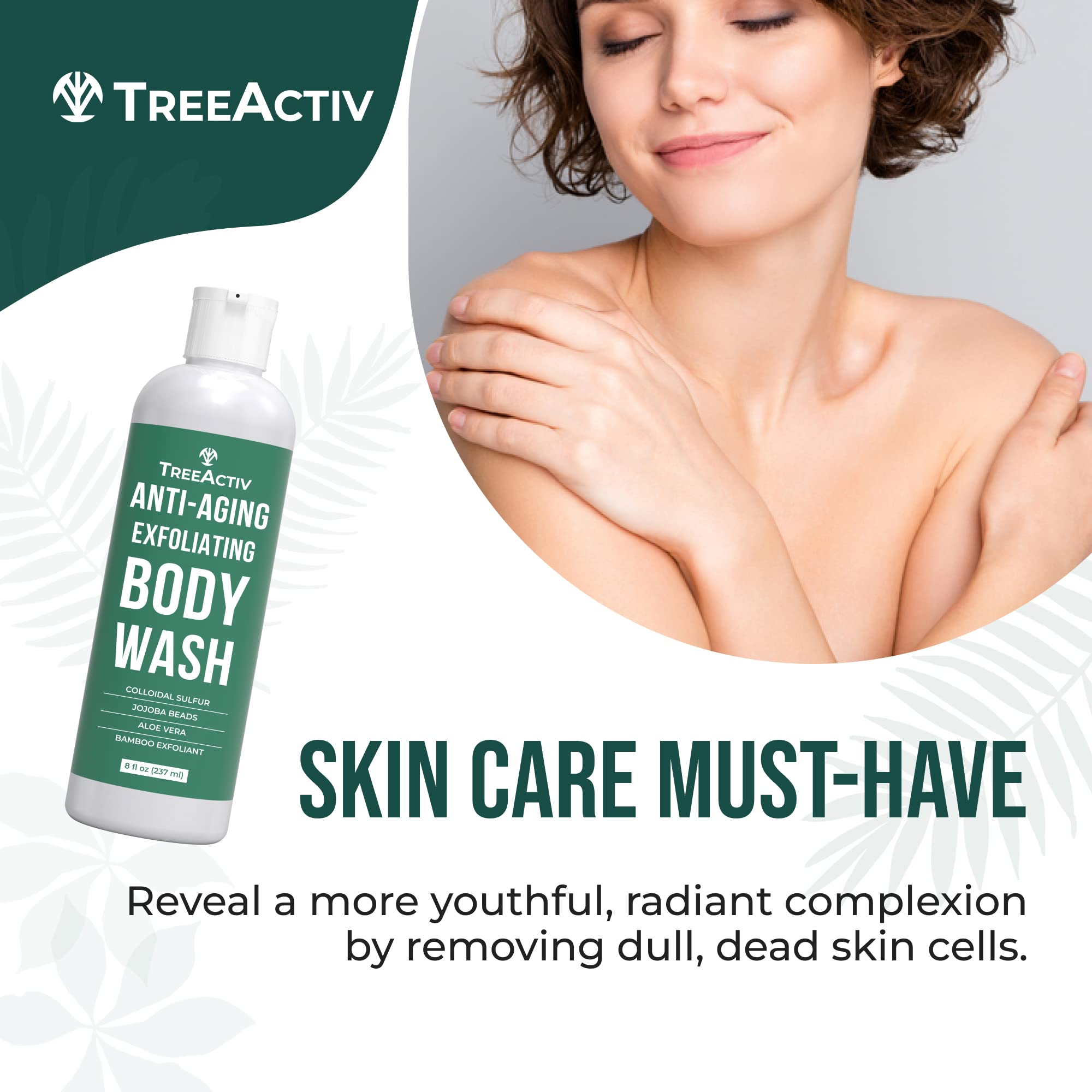 TreeActiv Anti-Aging Exfoliating Body Wash, 8oz, All Natural Body Wash Women and Men, Exfoliating Body scrub Infused with Jojoba Beads, Sulfur, and Aloe Vera - Shower Gel For All Skin Types - 50 Uses