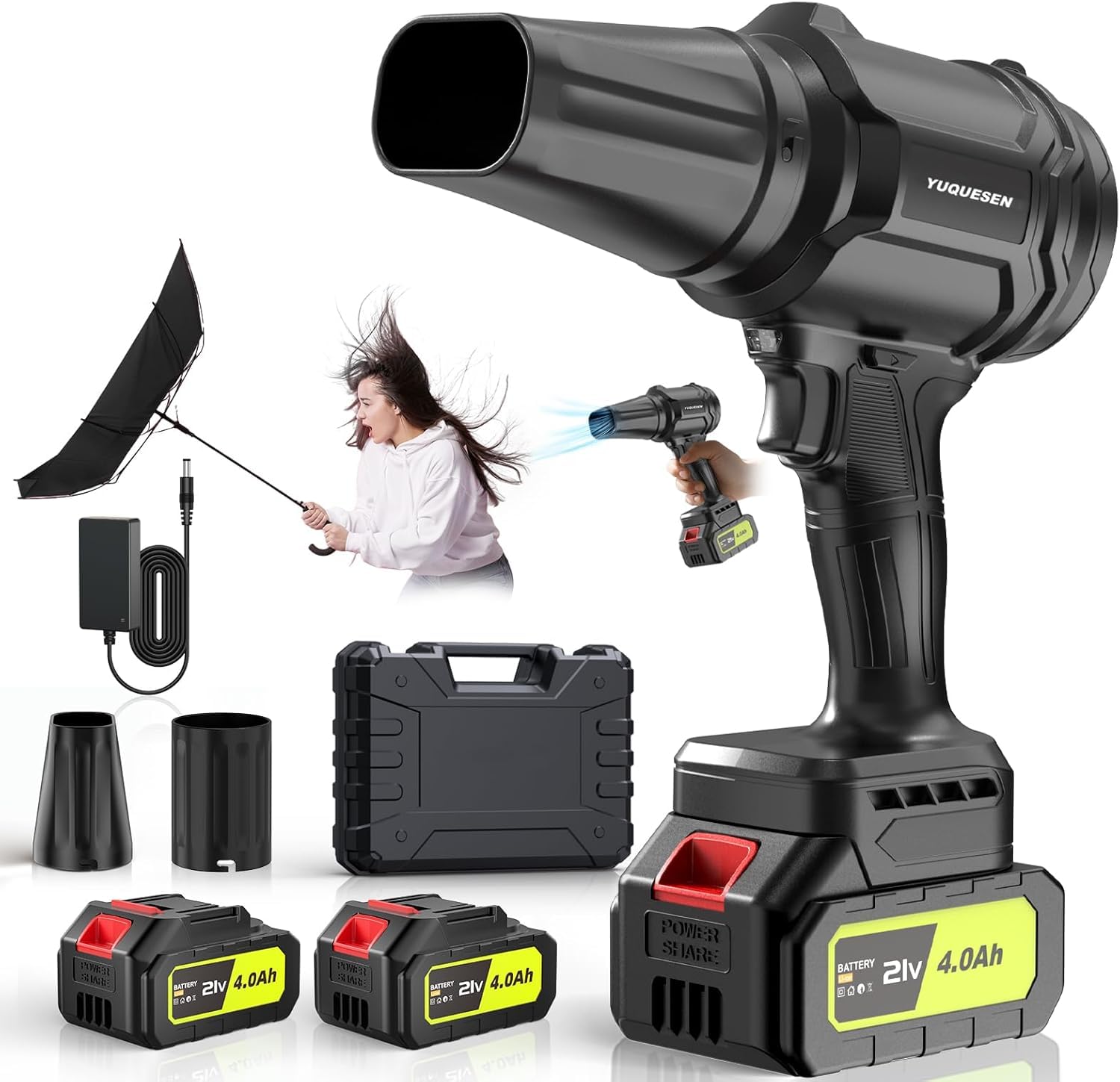 YUQUESEN Cordless Leaf Blower, 980,000 RPM Handheld Leaf Blower with 2 X 4.0Ah Batteries & Charger, Lightweight Leaf Blowers for Patio Cleaning, Lawn Care, Leaves, Dust - Cool Black Image