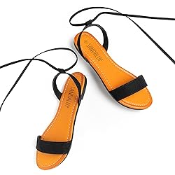 SANDALUP Tie Up Ankle Strap Flat Sandals for Women