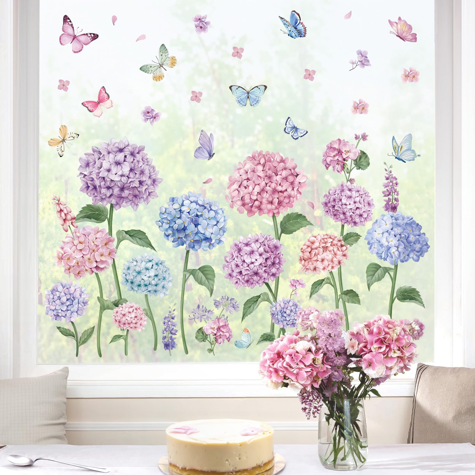 wondever Summer Purple Flower Window Clings Blue Hydrangea Floral Butterfly Glass Sticker Decal Anti Collision Double-Side Static Window Stickers for Home Glass