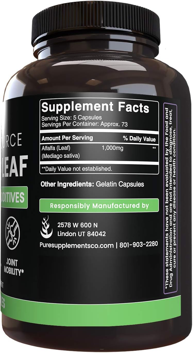 Natural Alfalfa Leaf, 365 Capsules, No Magnesium or Rice Filler, Made in The US, Gluten-Free, 1000mg of Pure and Undiluted Alfalfa Leaf per Serving: Health & Personal Care