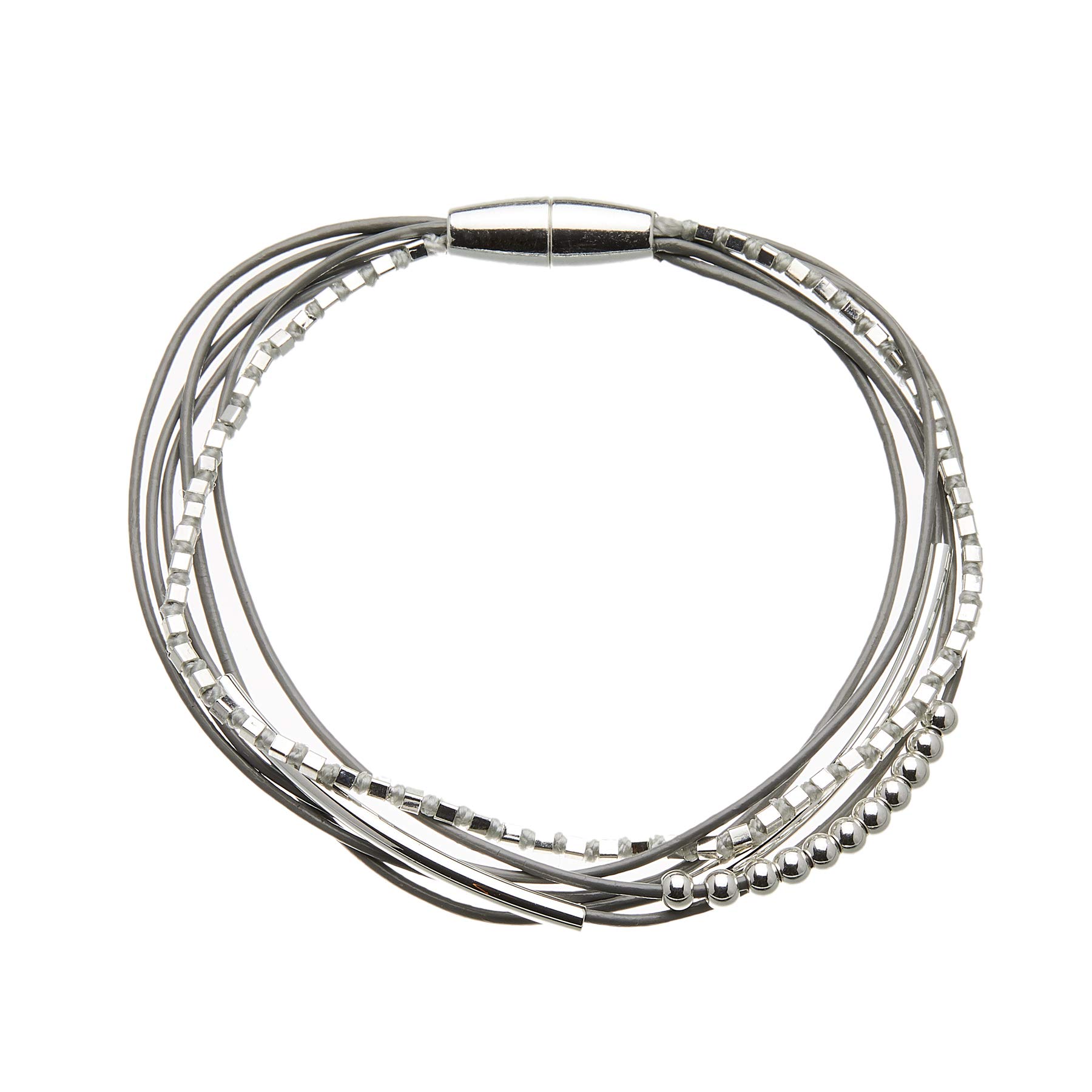 Bello London Bracelet in grey leather with six thin strands and silver plated beads - Riley S