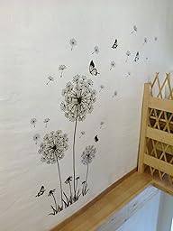 Adesivo Murale,Nero Adesivi Murali Tarassaco,Adesivi da Parete Tarassaco Farfalla Stickers,Piante Adesivi Murali,Murales Adesivi Parete Soggiorno Camera Letto Cameretta Cucina Bagno Ingresso