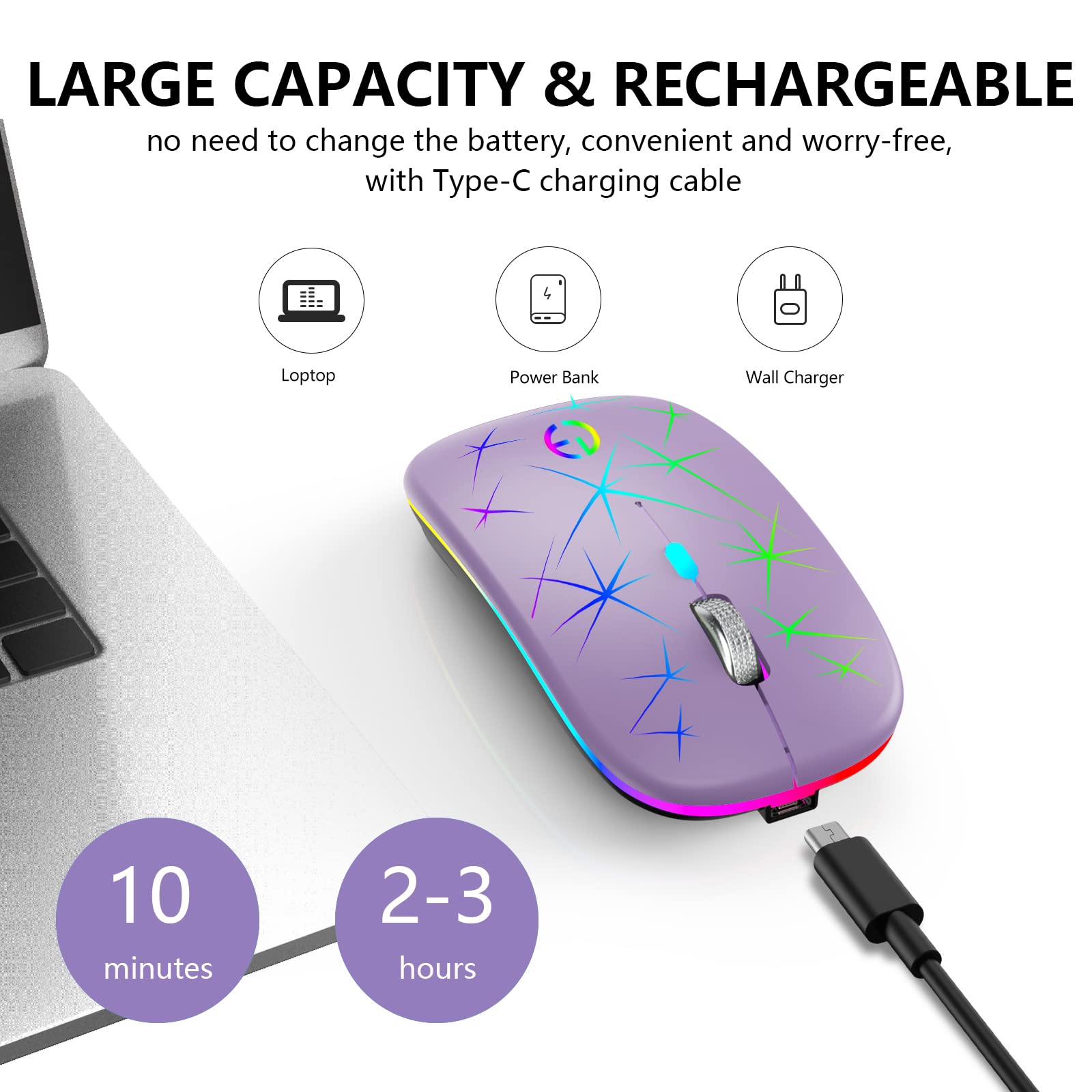 TaIYanG Wireless Mouse, 2.4G Portable Optical Quiet RGB Mouse with USB Receiver and Type C Adapter, 3 Adjustable DPI Levels, Wireless Computer Mouse for Laptop, Computer, PC, MacBook, Desktop