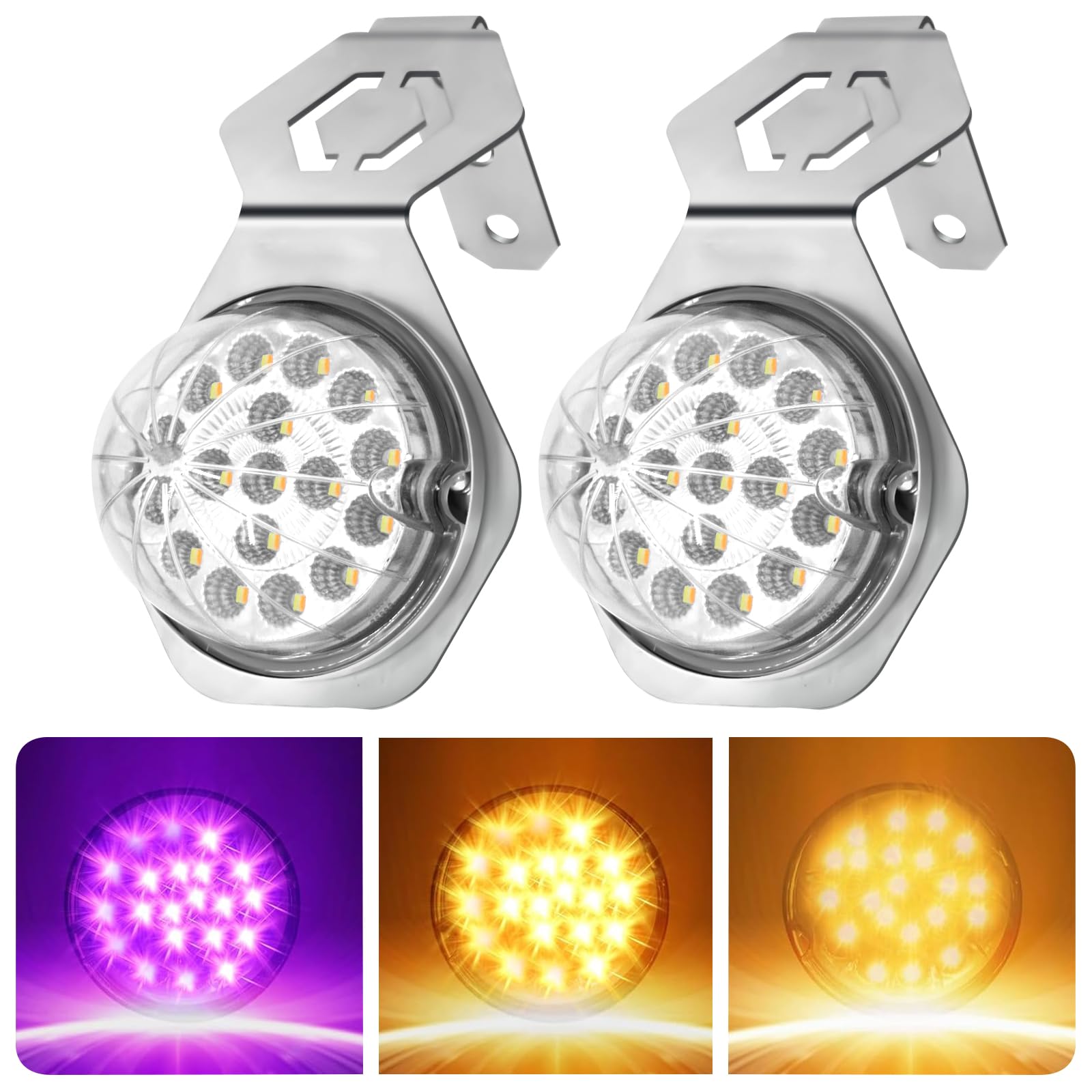 Photo 1 of 2PCS 17 LED Watermelon Lights with Stainless Steel Bracket, Dual Revolution Turn Marker Light Amber to Purple with Mounting Plate for Freightliner Kenworth Peterbilt Trailer Heavy Truck