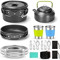 Odoland 15pcs Camping Cookware Mess Kit, Non-Stick Lightweight Pot Pan Kettle Set with Stainless Steel Cups Plates Forks Kniv