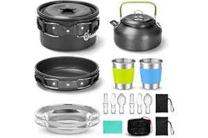 Odoland 15pcs Camping Cookware Mess Kit, Non-Stick Lightweight Pot Pan Kettle Set with Stainless Steel Cups Plates Forks Kniv