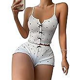 Women's Graphic 2 Piece Pajama Set Summer Cute Cami Top and Shorts Ribbed PJ Sets