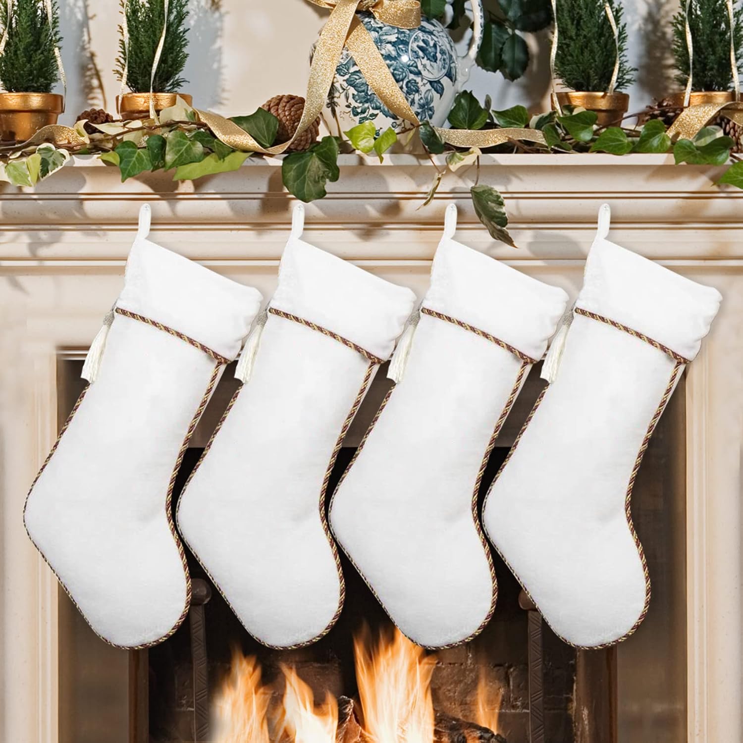 Stockings & Holders - Ugiftcorner White Christmas Stockings 4 Pack Velvet Christmas Stockings with White Tassel Decoration Large Stockings Christmas Decorations for Xmas Fireplace Holiday Party