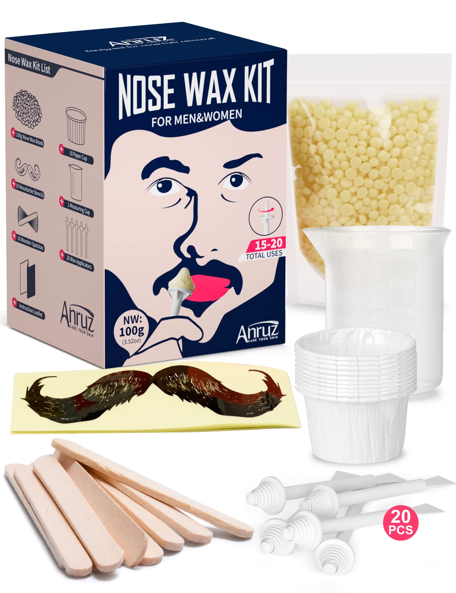 ANRUZ Nose Waxing Kit - Painless & Safe Nose Hair Removal with 100g Wax Beads, 10 Spatula, 20 Applicators & 10 Paper Cups